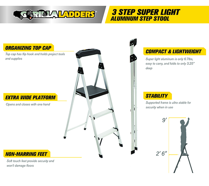 Gorilla Ladders 3Step Aluminum Step Stool Ladder with 225 lb. Type II
